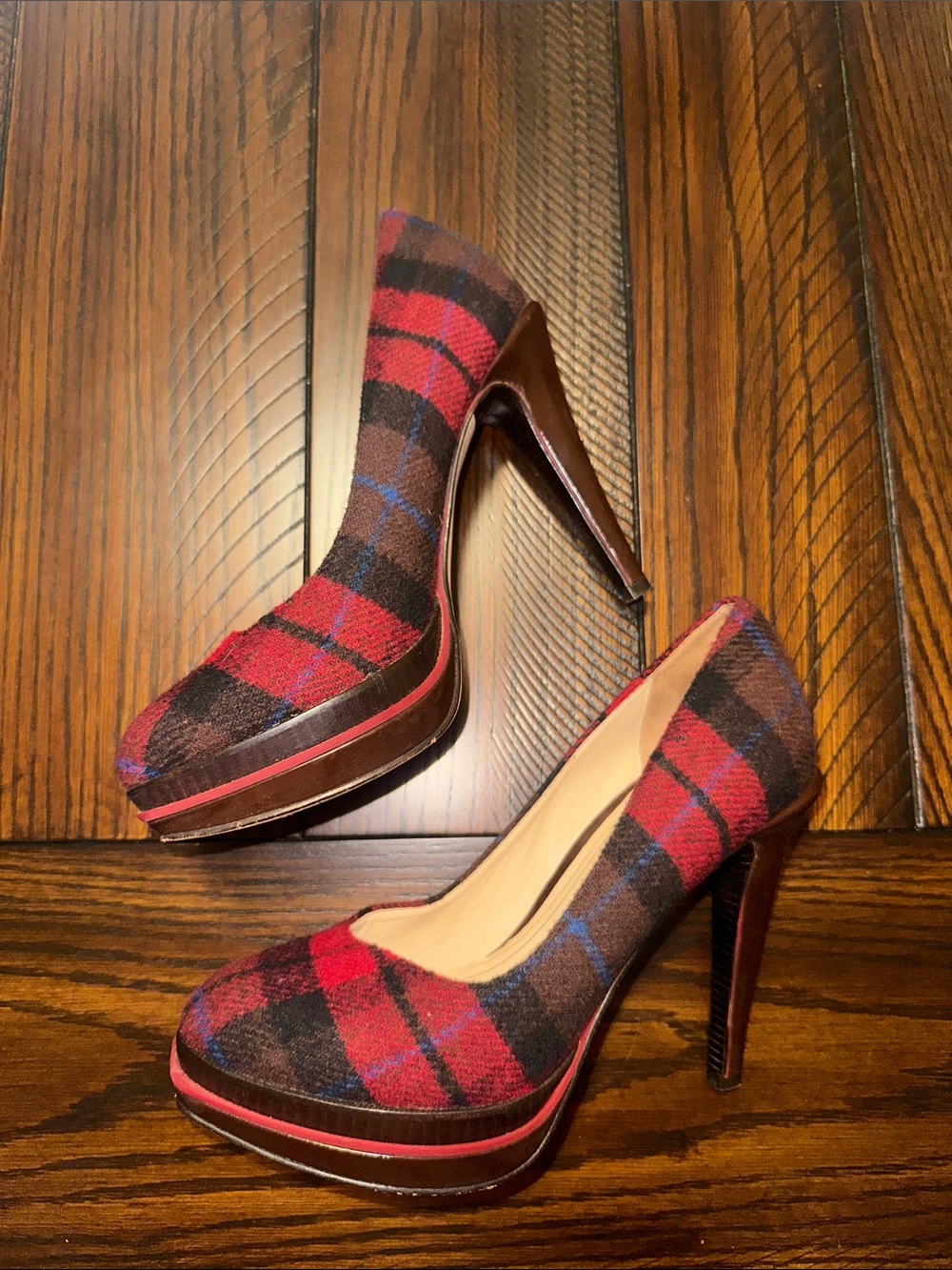 Cole Haan Red and Black Plaid Wool Pumps